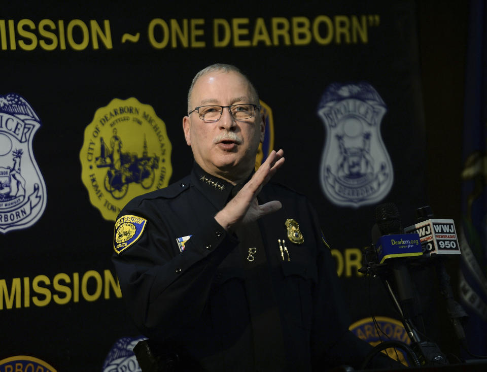 Dearborn, Mich., Chief Ronald Haddad answers a reporter question during the press conference Thursday, Sept. 12, 2019, in Dearborn, Mich. Haddad said Thursday that the 14-year-old, a 13-year-old and 17-year-old are being held in connection with last week's killing of Saja Aljanabi and they could be involved in other crimes in the area.(Clarence Tabb, Jr./The Detroit News)/Detroit News via AP)