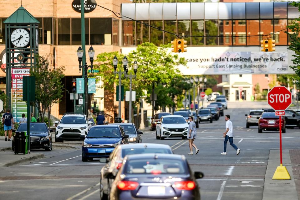 Traffic moves along Albert Avenue on Friday, Aug. 20, 2021, in downtown East Lansing after Albert EL Fresco was dismantled.