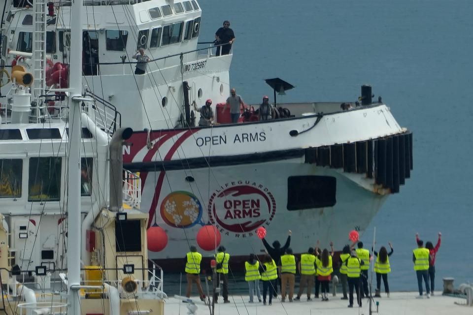 The ship Open Arms belonging to the Spanish aid group by the same name, arrives in Larnaca port after delivering 200 tons of aid to Gaza, on Sunday, March 17, 2024.