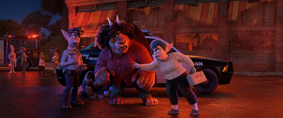 Corey (voiced by Octavia Spencer, center) teams up with Laurel Lightfoot (Julia Louis-Dreyfus) to find Ian and Barley in "Onward."