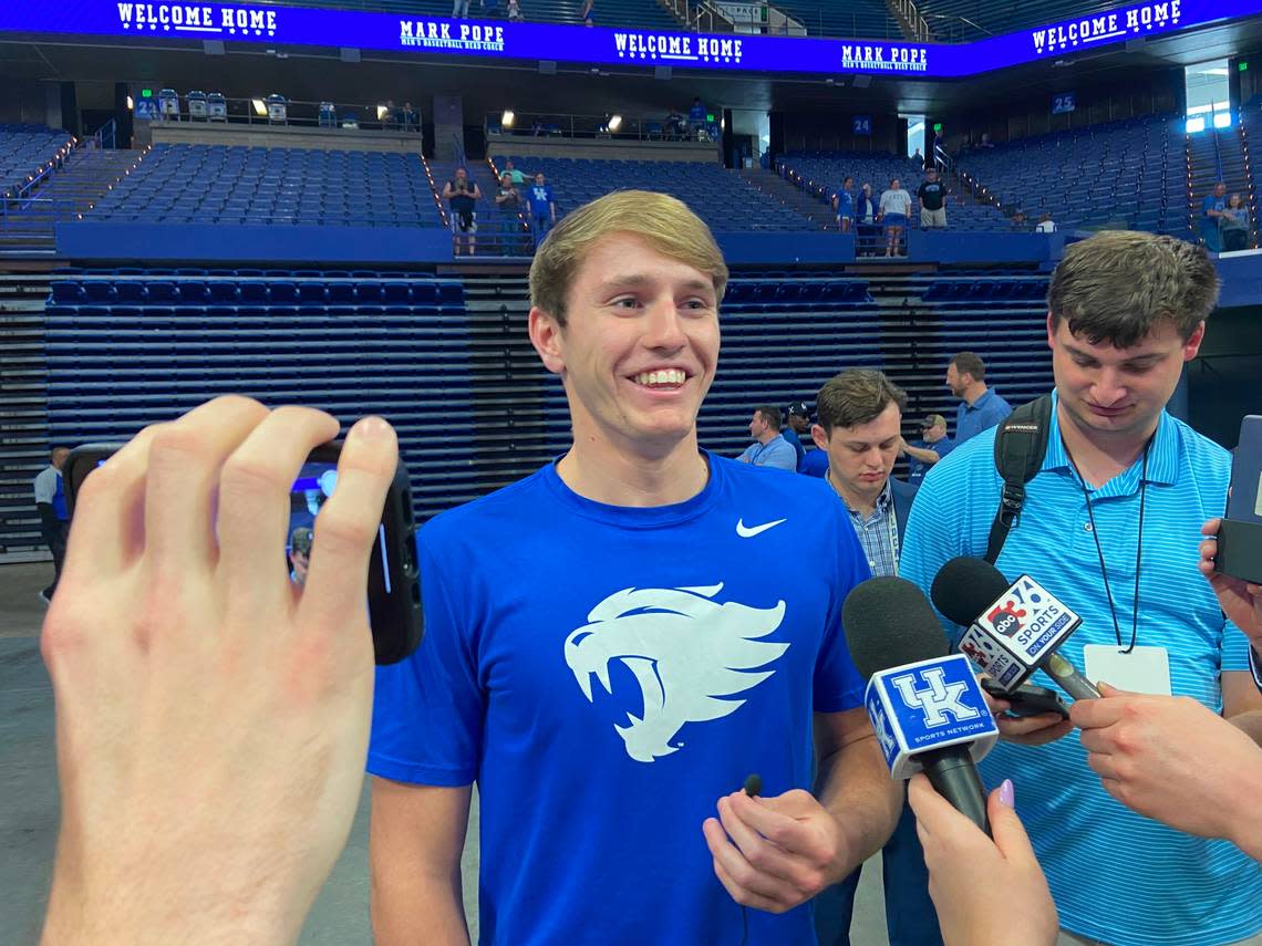 Class of 2024 Kentucky signee Travis Perry speaks to reporters following an introduction ceremony for new UK basketball coach Mark Pope on Sunday at Rupp Arena. Cameron Drummond/cdrummond@herald-leader.com