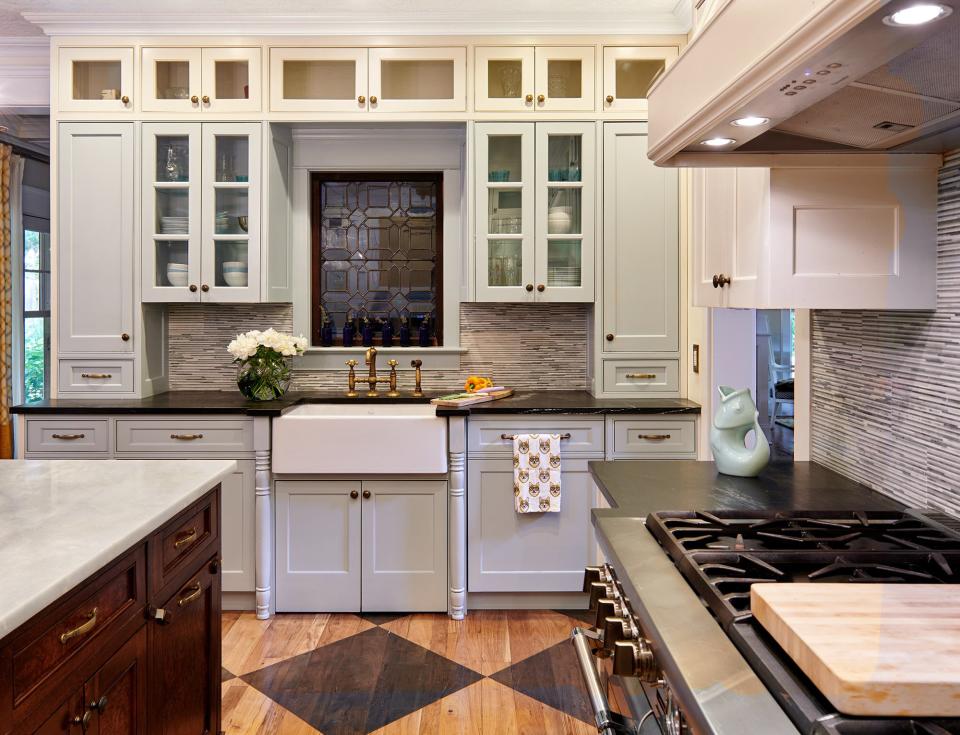 Glass Front Cabinet Doors in Kitchen, cream color cabinets with glass fronts