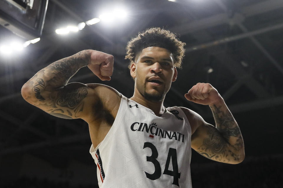 Cincinnati's Jarron Cumberland reacts after scoring during the first half of the team's NCAA college basketball game against SMU, Tuesday, Jan. 28, 2020, in Cincinnati. (AP Photo/John Minchillo)