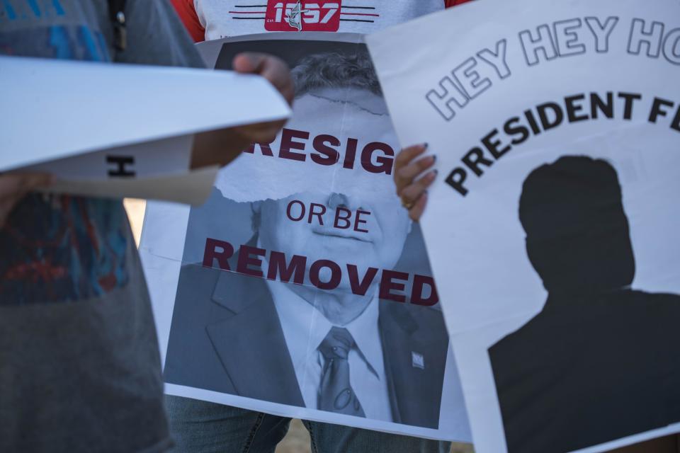 Students march through New Mexico State campus in Las Cruces demanding the university fire President John Floros and Provost Carol Parker on Tuesday, Nov. 16, 2021.