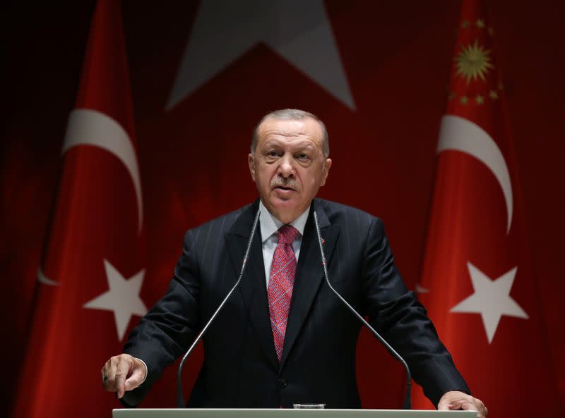 FILE PHOTO:Turkish President Erdogan speaks during a meeting of his ruling AKP in Ankara