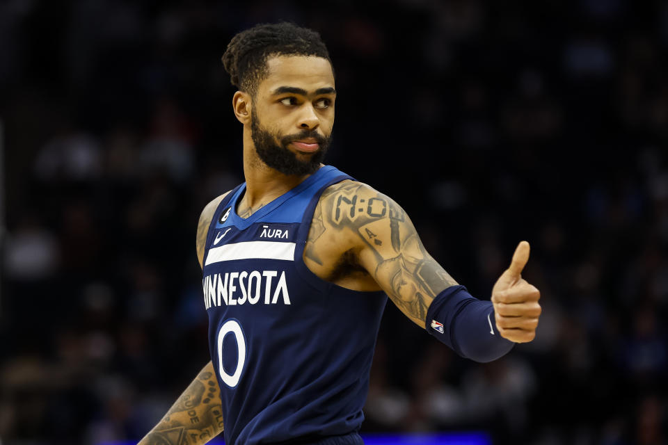 MINNEAPOLIS, MN - JANUARY 04: D&#39;Angelo Russell #0 of the Minnesota Timberwolves reacts to a call on the floor in the third quarter of the game against the Portland Trail Blazers at Target Center on January 4, 2023 in Minneapolis, Minnesota. The Timberwolves defeated the Trail Blazers 113-106. NOTE TO USER: User expressly acknowledges and agrees that, by downloading and or using this Photograph, user is consenting to the terms and conditions of the Getty Images License Agreement. (Photo by David Berding/Getty Images)