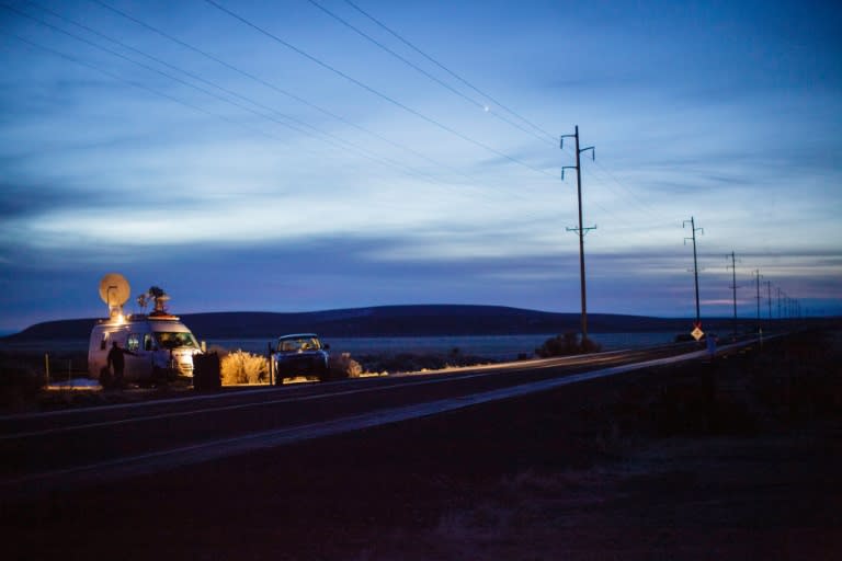 A television truck along Highway 78, located approximately 4 miles from the Malheur Wildlife Refuge headquarters near Burns, Oregon on January 27, 2016