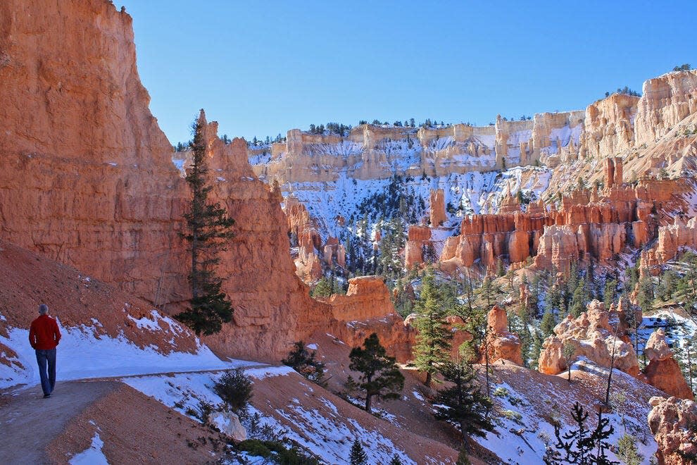 In winter, the hiking trails amid towering hoodoos in Bryce Canyon National Park are otherworldly