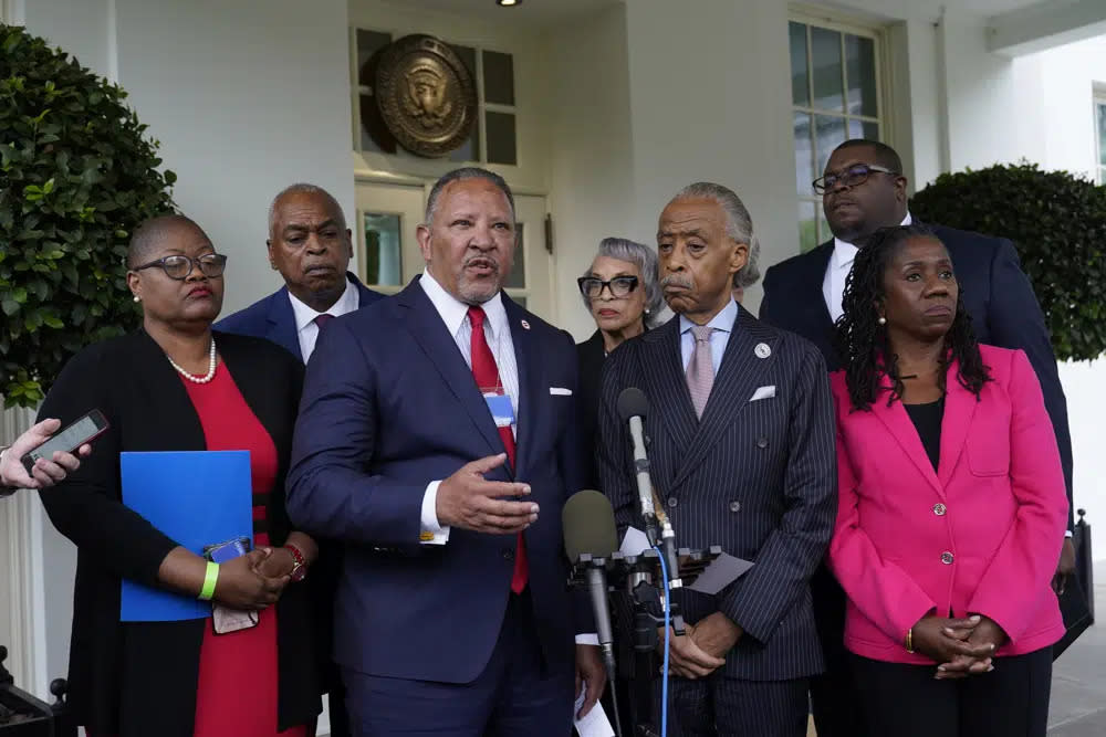 Marc Morial, center, President and Chief Executive Officer of the National Urban League, talks with reporters outside the West Wing of the White House in Washington, July 8, 2021, following a meeting with President Joe Biden and leadership of top civil rights organizations. (AP Photo/Susan Walsh, File)