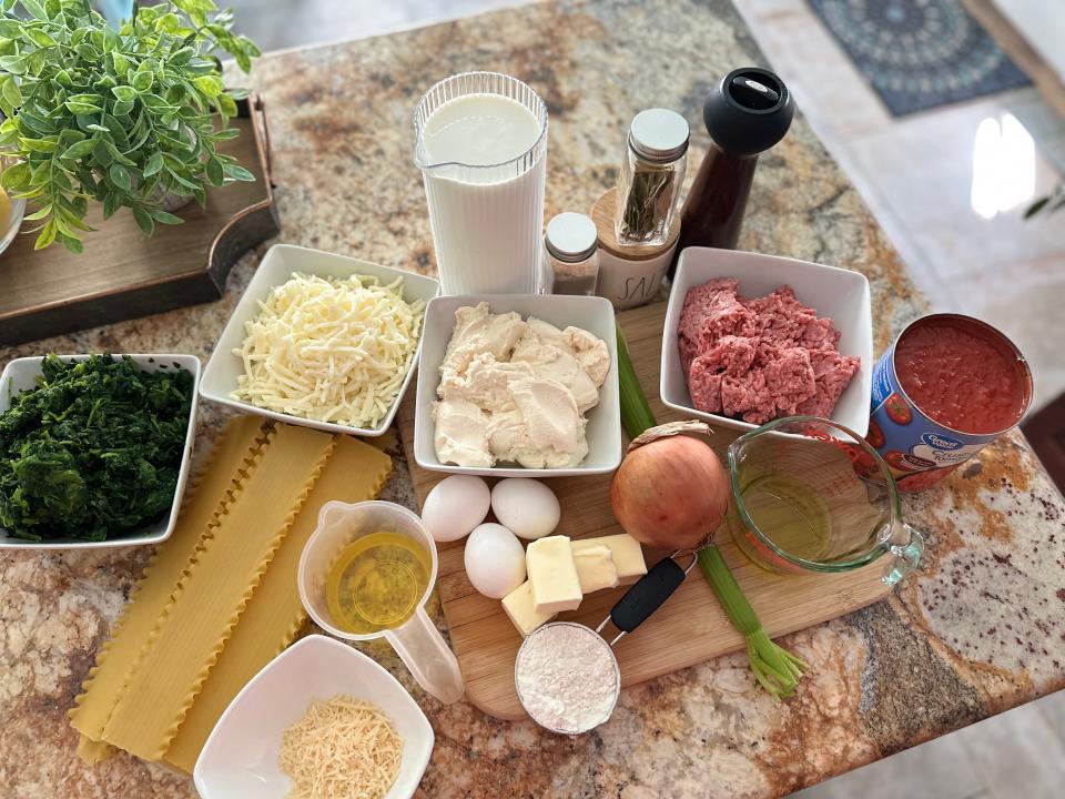 ingredients for giada's italian lasagna on a kitchen counter