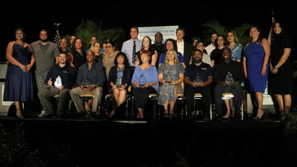 All of the the Manatee Chamber of Commerce small businesses of the year and nonprofits of the year and their team members gathered on the stage at the Bradenton Area Convention Center 6/29/2023.