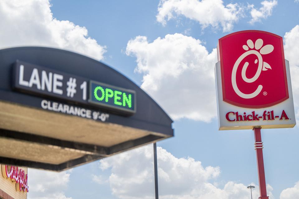 A Chick-fil-A restaurant sign is seen from a drive-thru on July 05, 2022 in Houston, Texas.