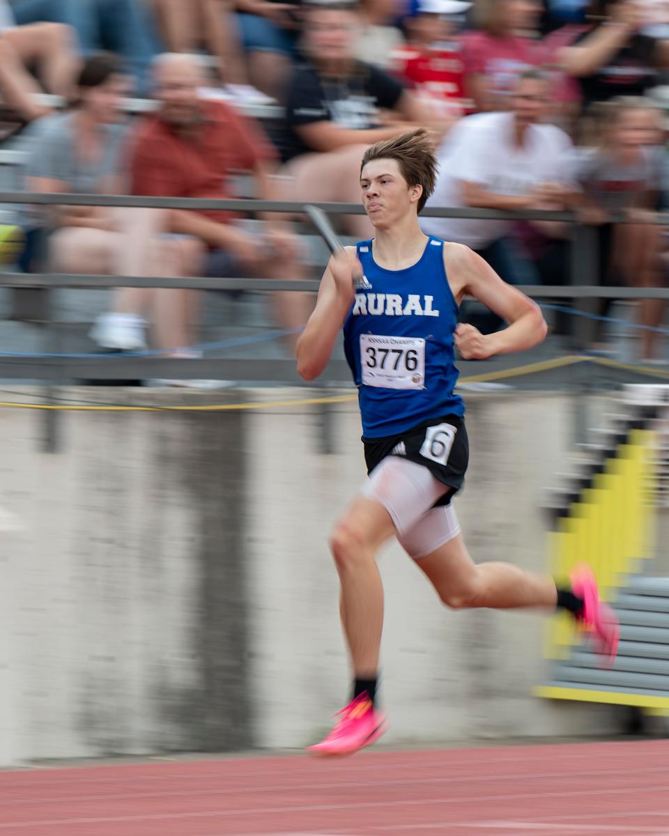 Washburn Rural Liam Morrison competes in the 4x400 meter relay Saturday May. 27, 2023, during state track at Cessna Stadium in Wichita, Kan.