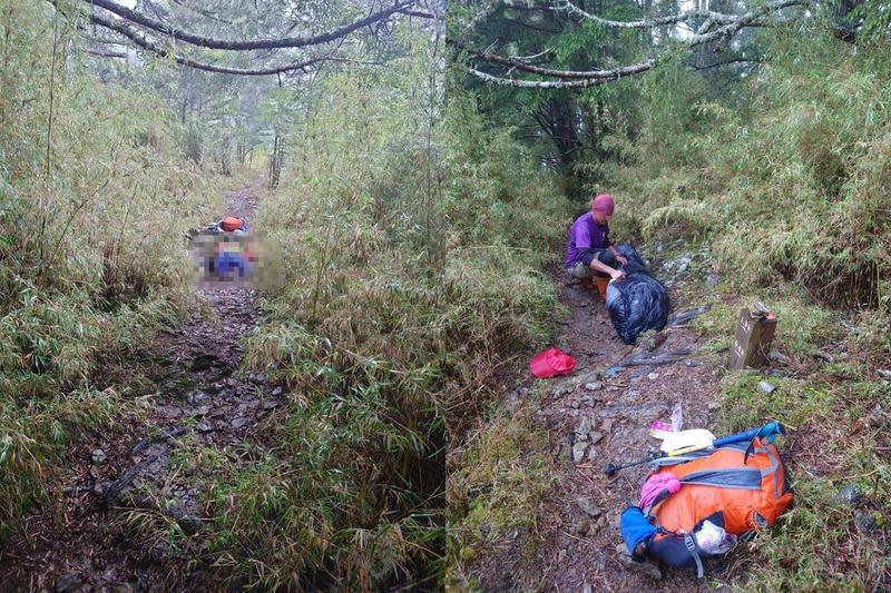 一名山友在武陵四秀桃山發現一具女性遺體，熱心的他先將遺體背至山屋，隨後報警。（翻攝靠北登山大小事）