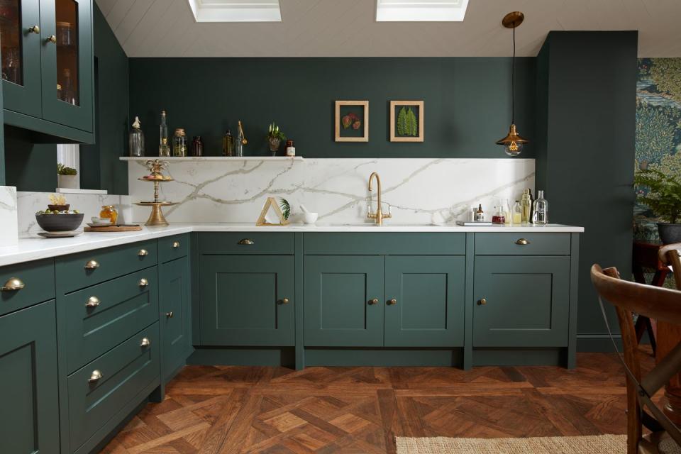<p>A symphony of greens creates a smart look here, while also adding warmth to a modern home. Insider tip: Match the wall colour to the cabinets for a winning combination you will love immediately. </p><p><strong>BE INSPIRED:</strong> <a href="https://www.housebeautiful.com/uk/decorate/kitchen/g25843438/cheap-kitchen-updates-budget/" rel="nofollow noopener" target="_blank" data-ylk="slk:5 cheap kitchen updates that will totally transform a tired kitchen;elm:context_link;itc:0;sec:content-canvas" class="link ">5 cheap kitchen updates that will totally transform a tired kitchen </a></p><p>• Shop the look at <a href="http://www.sncollection.co.uk/" rel="nofollow noopener" target="_blank" data-ylk="slk:Second Nature;elm:context_link;itc:0;sec:content-canvas" class="link ">Second Nature </a></p>