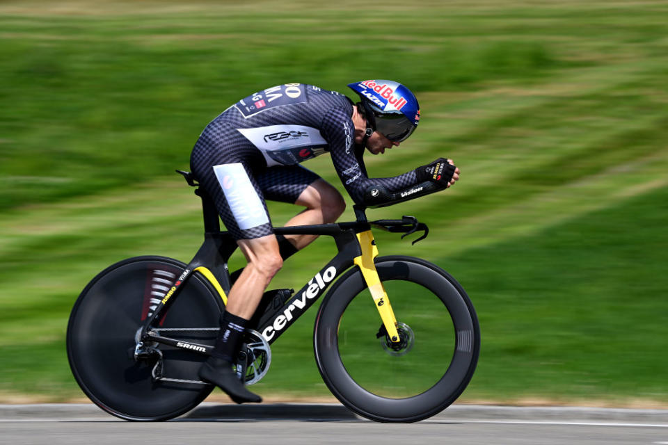 ABTWILL SWITZERLAND  JUNE 18 Wout Van Aert of Belgium and Team JumboVisma  Black Points Jersey sprints during the 86th Tour de Suisse 2023 Stage 8 a 257km individual time trial from St Gallen to Abtwil  UCIWT  on June 18 2023 in Abtwil Switzerland Photo by Dario BelingheriGetty Images