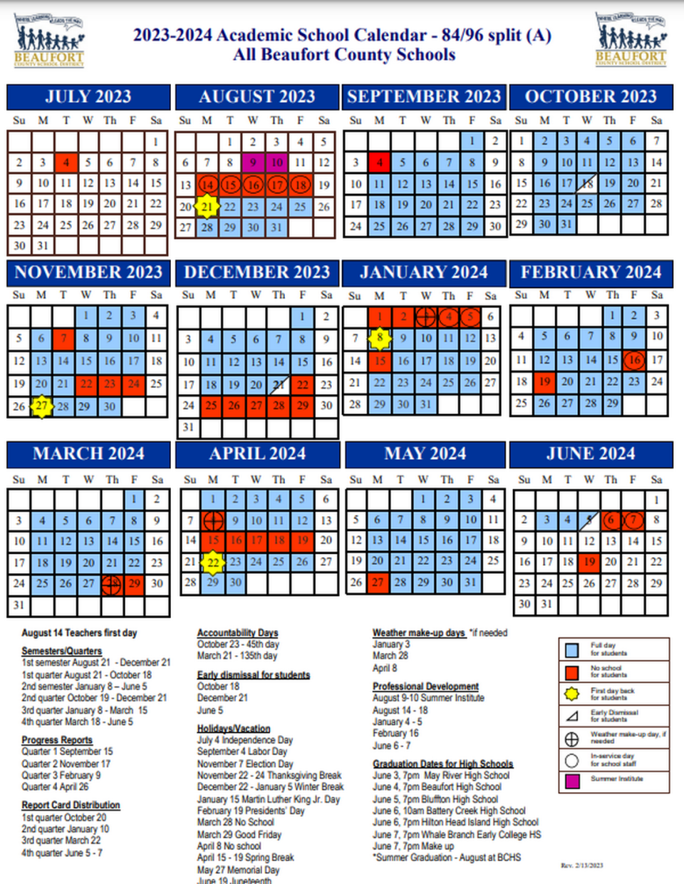 Beaufort County 2023-2024 school calendar in English.