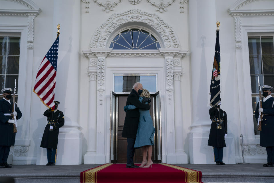 President Joe Biden and first lady Jill Biden arrive at the North Portico of the White House, Wednesday, Jan. 20, 2021, in Washington. (AP Photo/Evan Vucci)