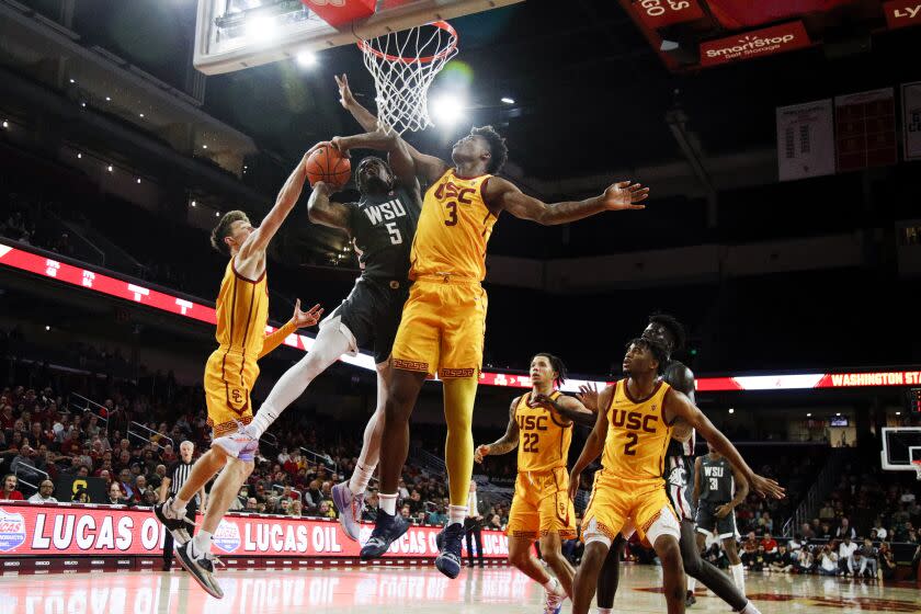 LOS ANGELES, CA - FEBRUARY 02: USC Trojans forward Vincent Iwuchukwu, right.