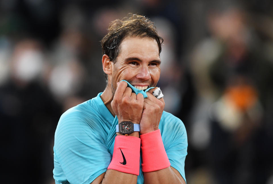 PARIS, FRANCE - OCTOBER 11: Rafael Nadal of Spain celebrates after winning championship point during his Men's Singles Final against Novak Djokovic of Serbia on day fifteen of the 2020 French Open at Roland Garros on October 11, 2020 in Paris, France. (Photo by Shaun Botterill/Getty Images)