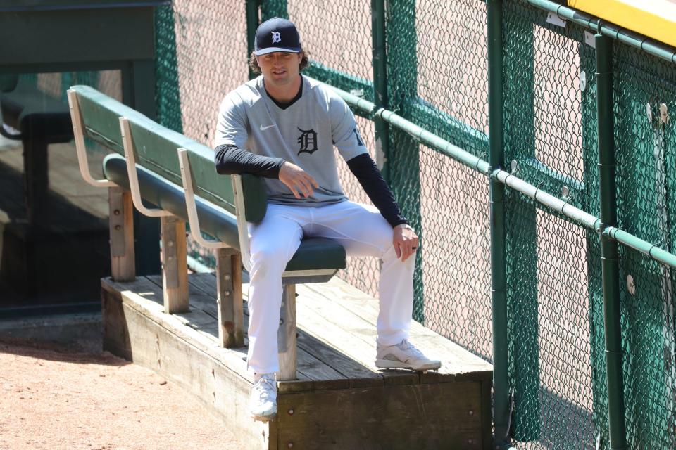 Tigers pitcher Casey Mize in the bullpen during practice on Wednesday, March 31, 2021, at Comerica Park, a day before Opening Day against the Cleveland Indians.