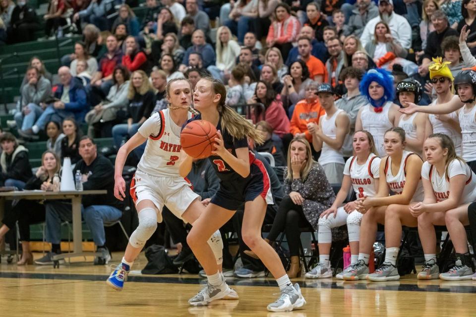 Hornell's Jordyn Dyring makes a move on the baseline during the Section V Class B1 championship game last season.