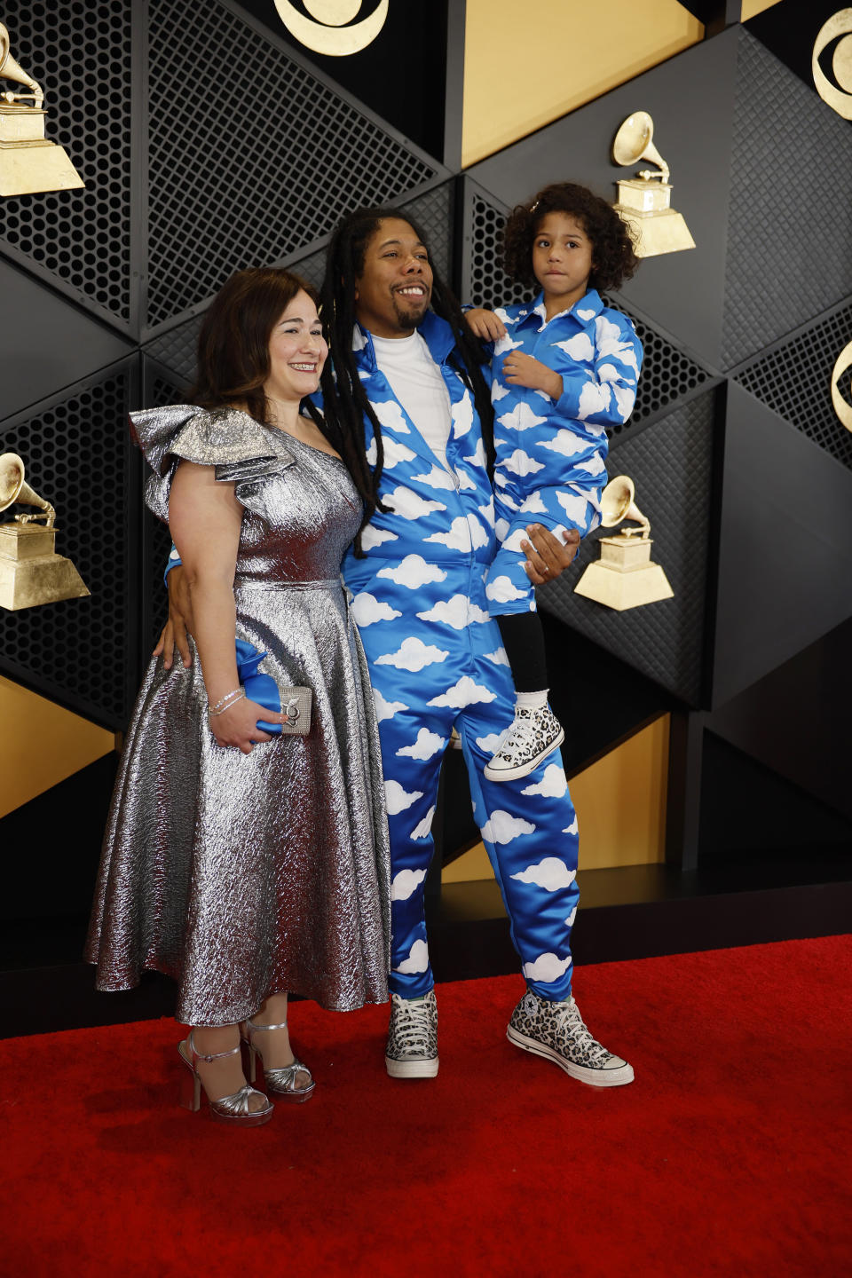 Los Angeles, CA - February 04: Ann Marie Pendleton, Ani Pendleton and Uncle Jumbo arrives on the Red Carpet at the Crypto.com Arena  in Los Angeles, CA, Sunday, Feb. 4, 2024. (Allen J. Schaben / Los Angeles Times via Getty Images)