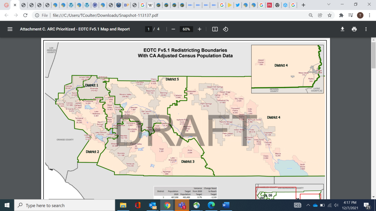 A map shows the new supervisor districts passed in 2021 by the Riverside County Board of Supervisors.