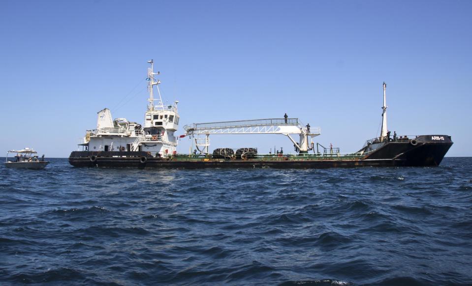 The Aris 13 oil tanker, which was released by pirates after negotiations by officials and local elders, near Bossaso, in Somalia's semiautonomous northeastern state of Puntland Sunday, March 19, 2017. The captain of the tanker Nicholas Anthony said Sunday he is grateful for efforts by the semiautonomous Puntland state in northern Somalia to secure their release. (AP Photo)