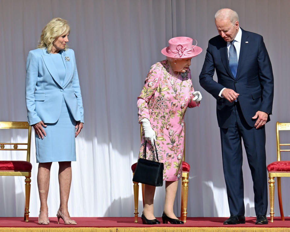First Lady Dr Jill Biden, Queen Elizabeth II and U.S. President Joe Biden attend the president's ceremonial welcome at Windsor Castle on June 13, 2021 in Windsor, England.<span class="copyright">Pool/Max Mumby/Getty Images</span>