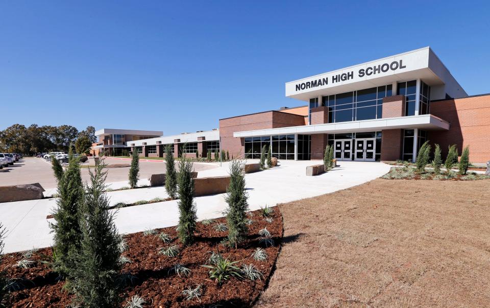 The renovated entry of Norman High School is shown Oct. 17, 2017, in Norman.