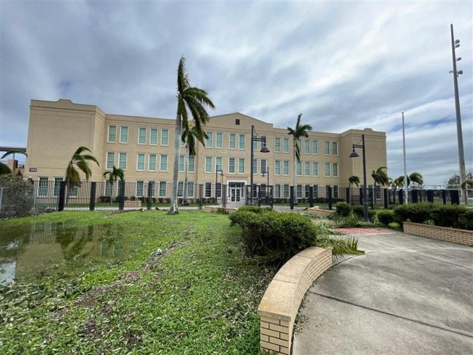 Charlotte High School in Punta Gorda, Florida needed to be rebuilt after Hurricane Charley in 2004, but stands intact after Hurricane Ian (REUTERS)