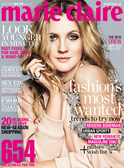 Drew Barrymore on the April 2014 issue of marie claire Australia.