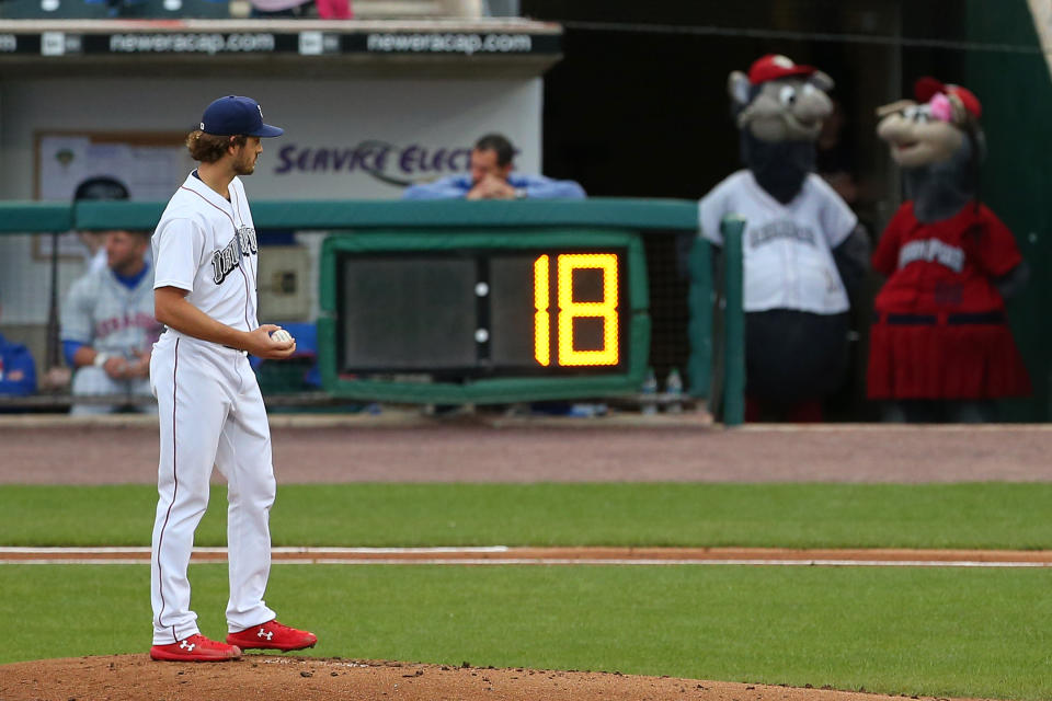 ALLENTOWN, PA - APRIL 30: Pitcher Drew Anderson #40 of the Lehigh Valley Iron Pigs gets set to pitch as a pitch clock counts down during the second inning of a AAA minor league baseball game against the Syracuse Mets on April 30, 2019 at Coca Cola Park in Allentown, Pennsylvania. (Photo by Rich Schultz/Getty Images)