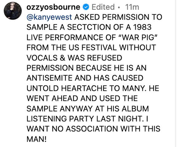 <p>Ozzy Osbourne/Instagram</p> Ozzy Osbourne calls out Kanye West