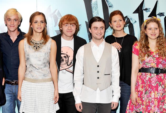 Harry Potter stars Tom Felton, Emma Watson, Rupert Grint, Daniel Radcliffe, Bonnie Wright and Jessie Cave at a photocall in 2009