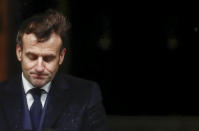 French President Emmanuel Macron pauses as he speaks during his New Year's speech to the French Armed Forces at Brest naval training center, western France, Tuesday, Jan. 19, 2021. (Stephane Mahe/Pool Photo via AP)