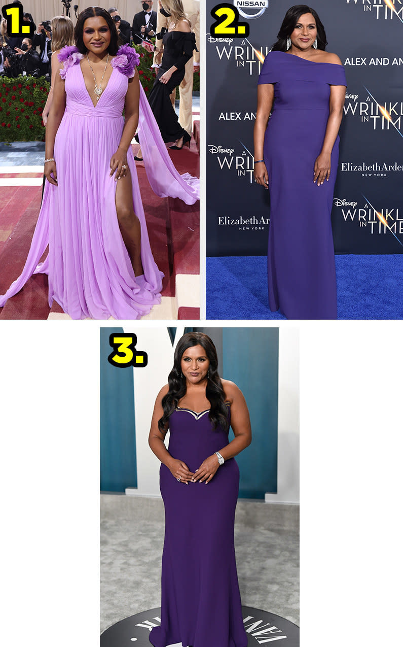 Three different Mindy Kaling looks