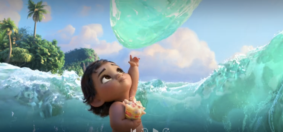 Animated character Moana reaches out to a translucent green wave on a sunny beach