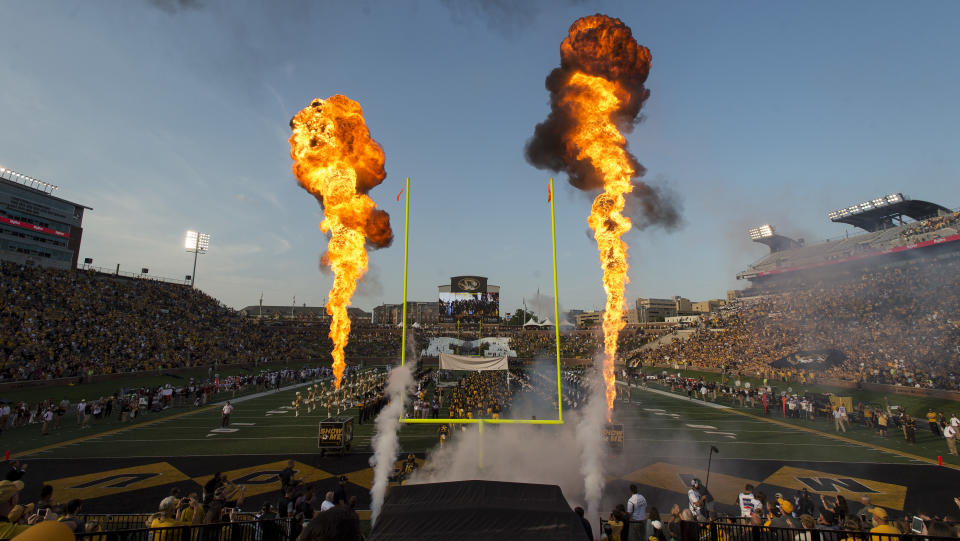 The Missouri football team takes the field before the start of an NCAA college football game against South Carolina Saturday, Sept. 9, 2017, in Columbia, Mo. (AP Photo/L.G. Patterson)
