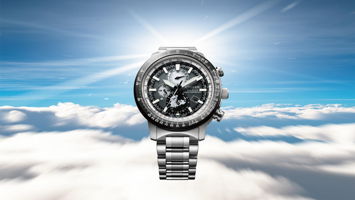  The Citizen Promaster Geo Trekker on a background of clouds and blue skies. 