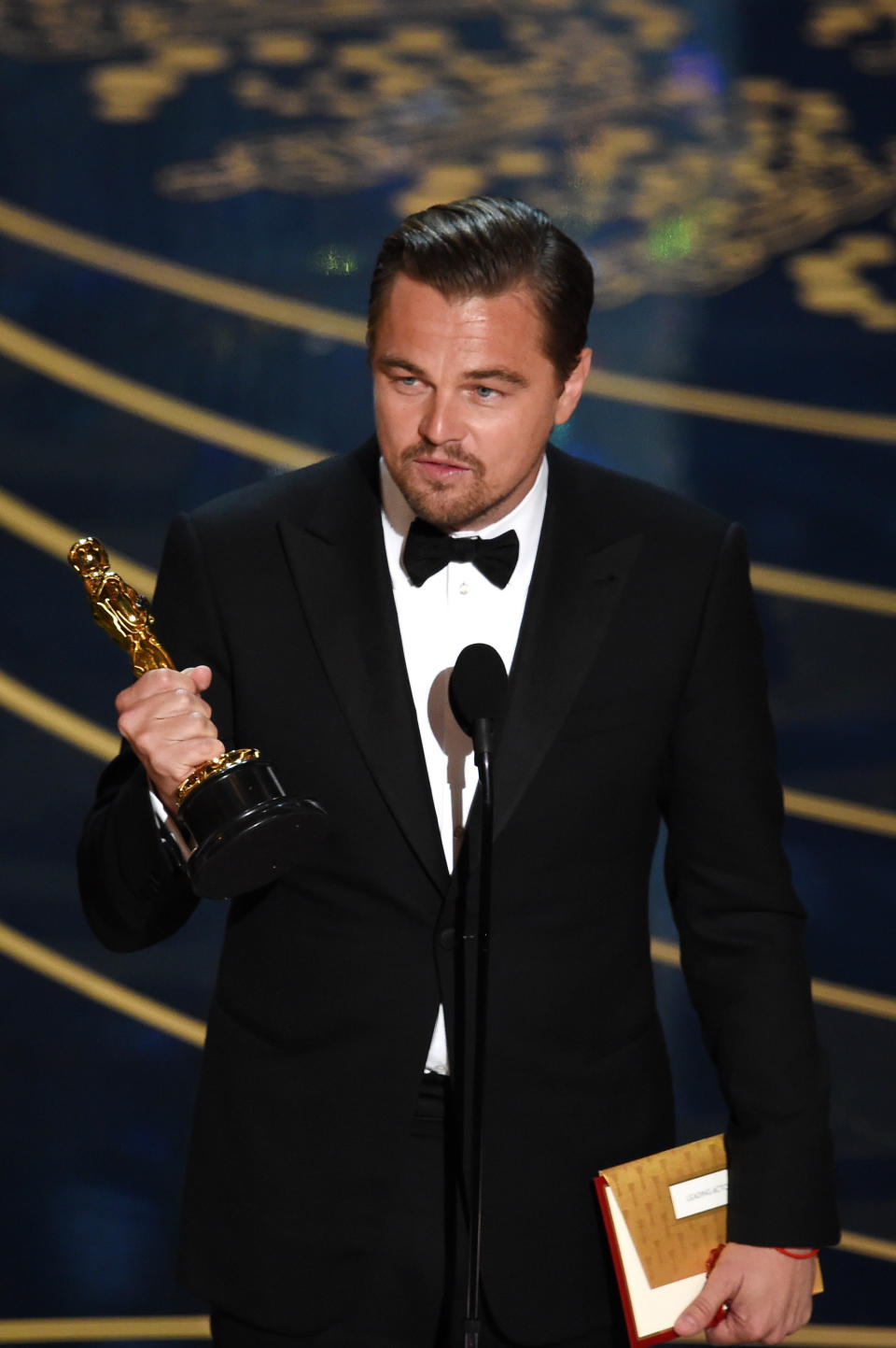 Actor Leonardo DiCaprio accepts the Best Actor award for 'The Revenant' onstage during the 88th Annual Academy Awards at the Dolby Theatre on February 28, 2016 in Hollywood, California