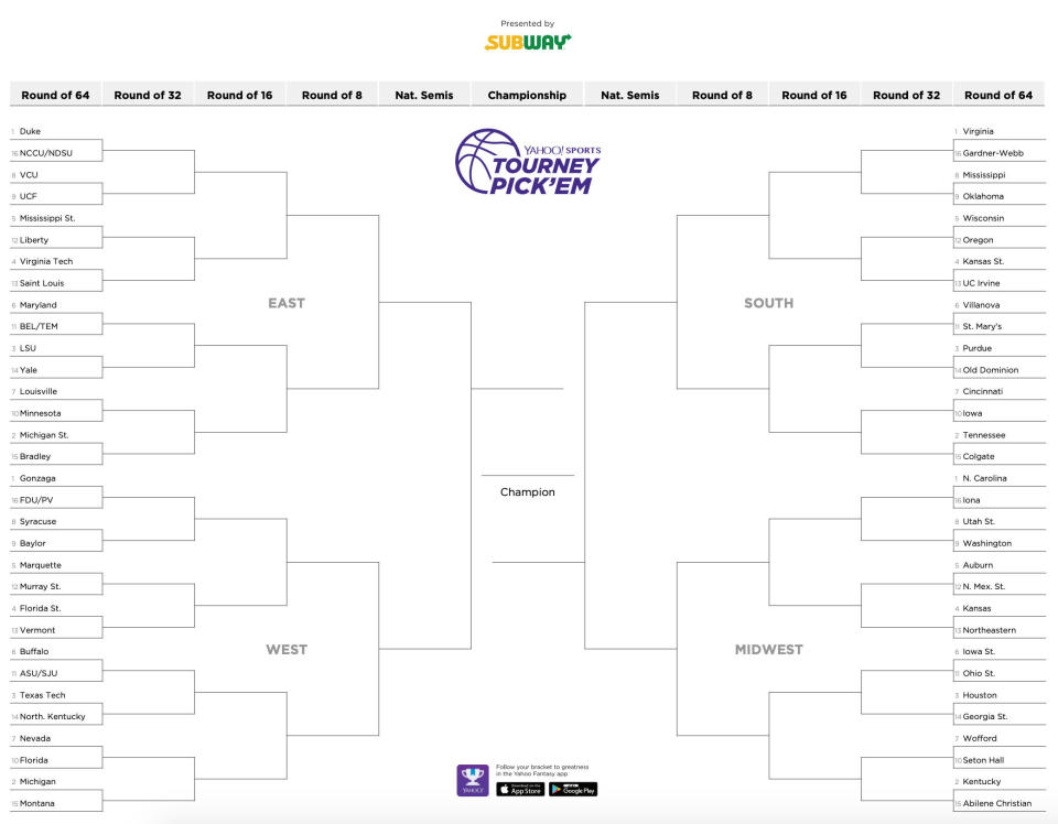 Click for printable NCAA tournament bracket.