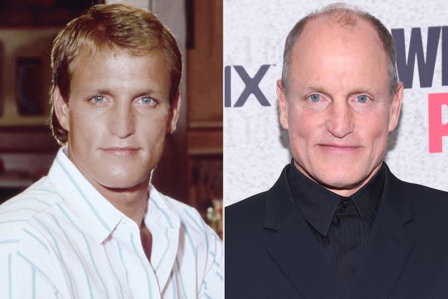 <p>Aaron Rapoport/Corbis/Getty; Paul Morigi/Getty</p> Woody Harrelson on Cheers and in 2023