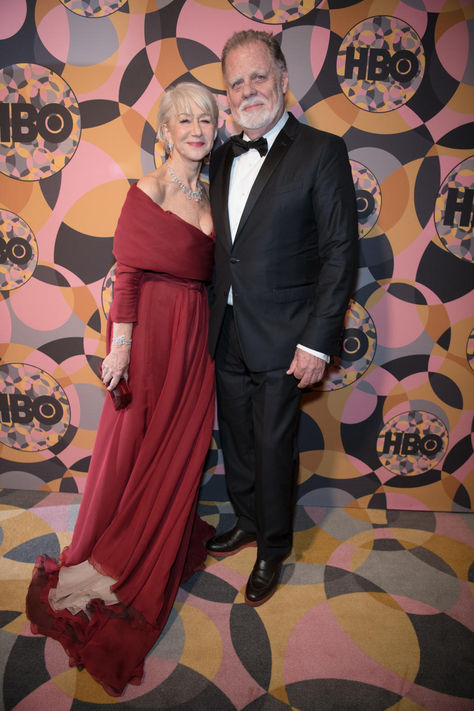 LOS ANGELES, CALIFORNIA - JANUARY 05: Helen Mirren and Taylor Hackford arrive at HBO's Official Golden Globes After Party at Circa 55 Restaurant on January 05, 2020 in Los Angeles, California. (Photo by Morgan Lieberman/WireImage)