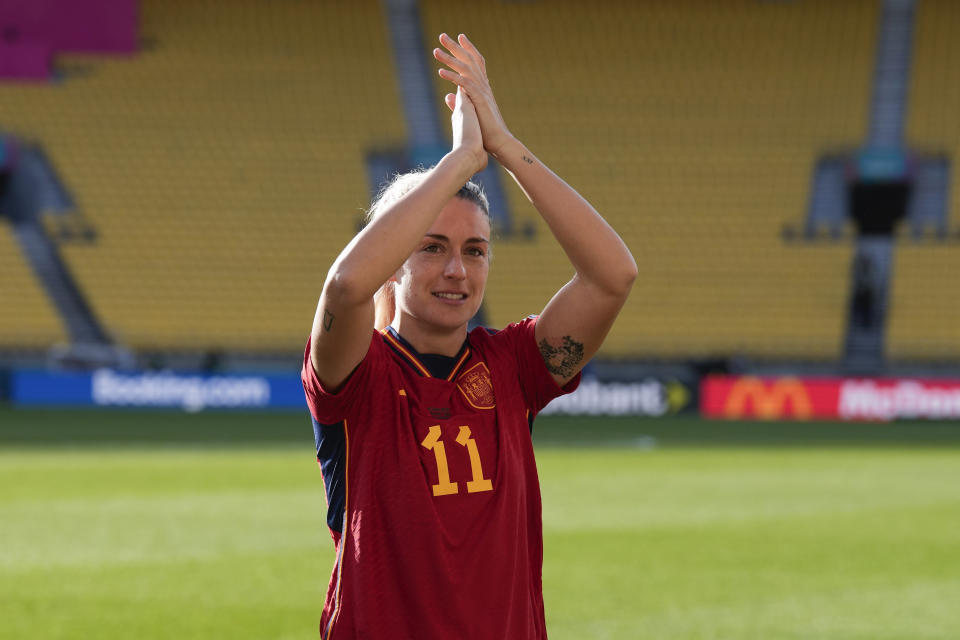 Spain's Alexia Putellas gestures to supporters following their extra time win at the Women's World Cup quarterfinal soccer match against the Netherlands in Wellington, New Zealand, Friday, Aug. 11, 2023. (AP Photo/Alessandra Tarantino)