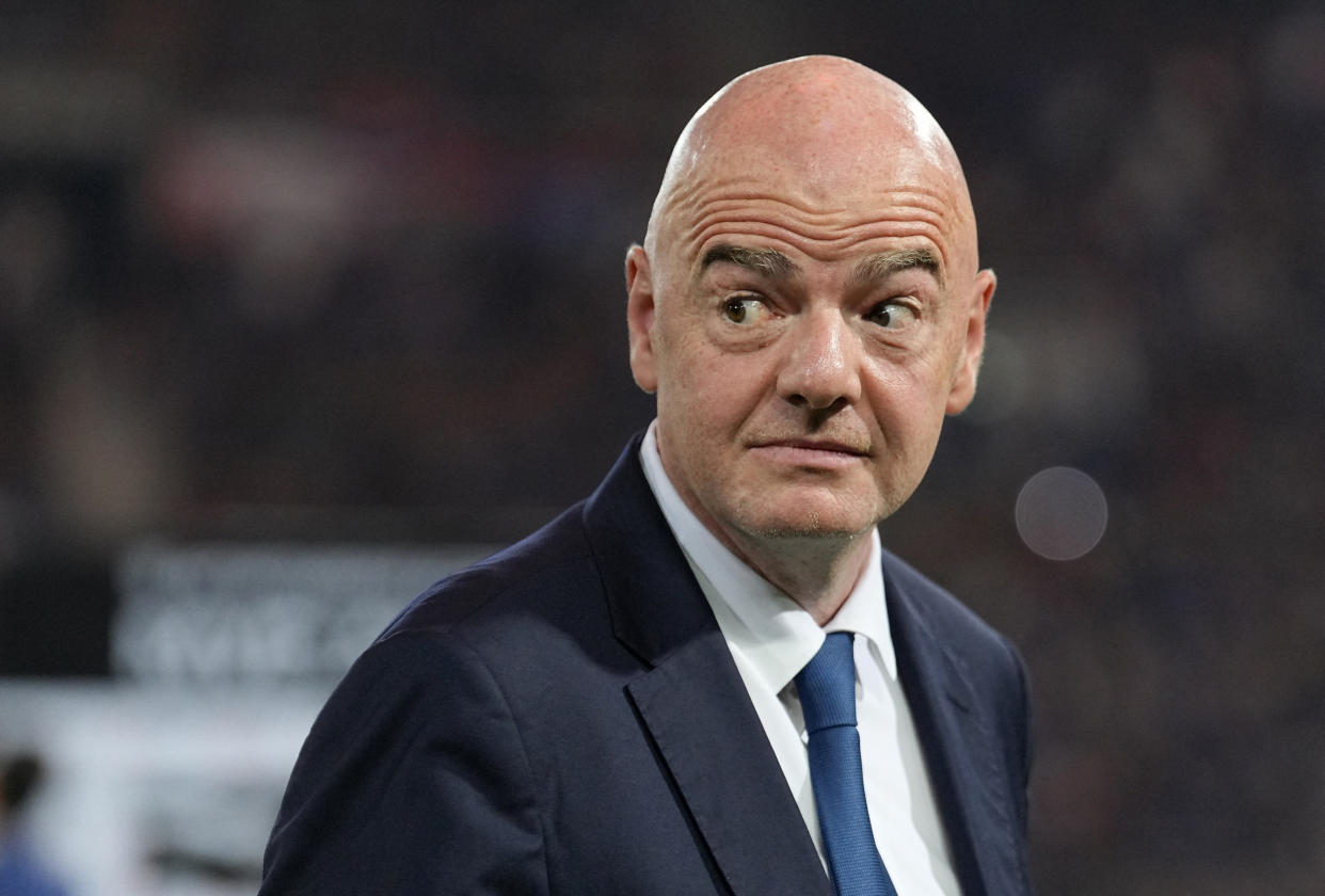 Soccer Football - Mitsubishi Electric Cup - Final - Second Leg - Thailand v Vietnam - Thammasat Stadium, Pathum Thani, Thailand - January 16, 2023 FIFA president Gianni Infantino is pictured during the trophy ceremony REUTERS/Athit Perawongmetha