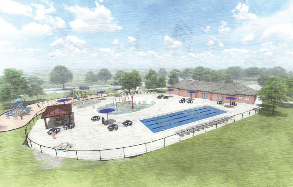 This rendering shows a small splash pad and a four-lane, 2,000-square-foot lap pool at the existing Fox Point Pool site. The project is estimated to cost $3.4 million.