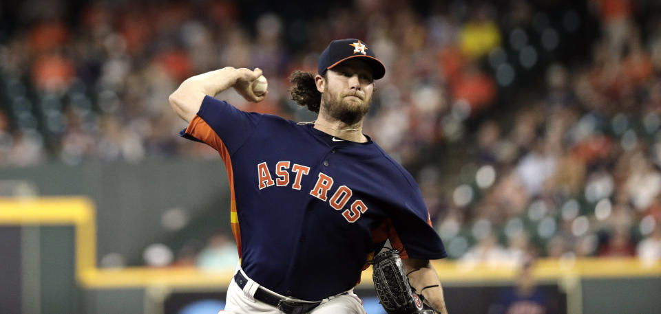 Houston Astros' Gerrit Cole throws against the Seattle Mariners during the first inning of a baseball game Sunday, Sept. 8, 2019, in Houston. (AP Photo/David J. Phillip)