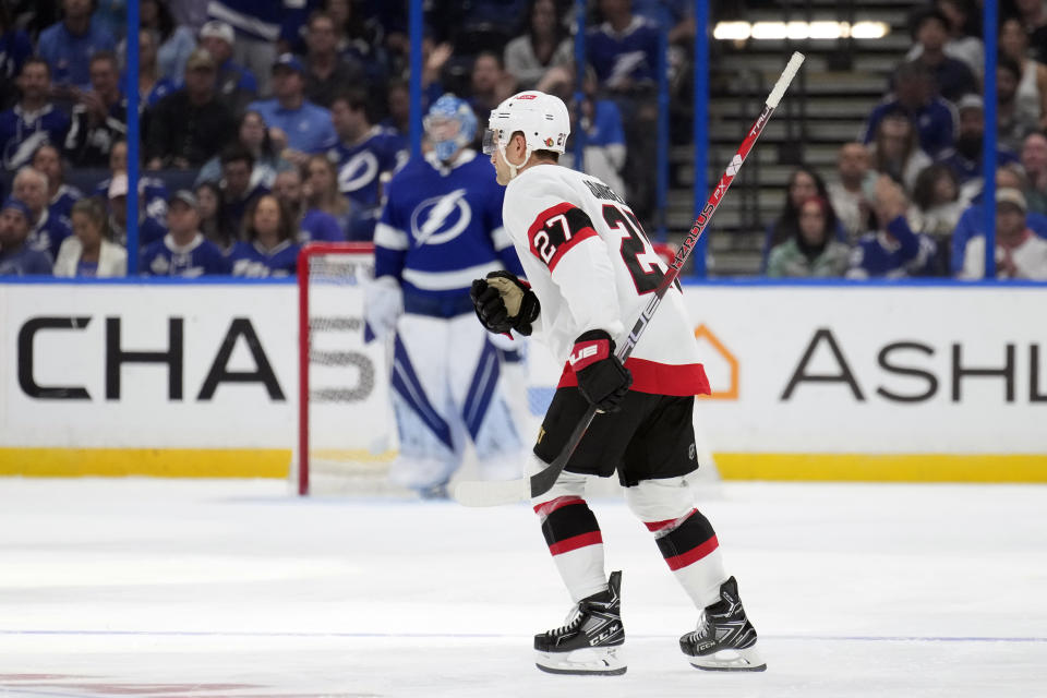 Ottawa Senators center Dylan Gambrell (27) heads for the locker room after being given a match penalty for his check on Tampa Bay Lightning defenseman Erik Cernak during the second period of an NHL hockey game Tuesday, Nov. 1, 2022, in Tampa, Fla. (AP Photo/Chris O'Meara)